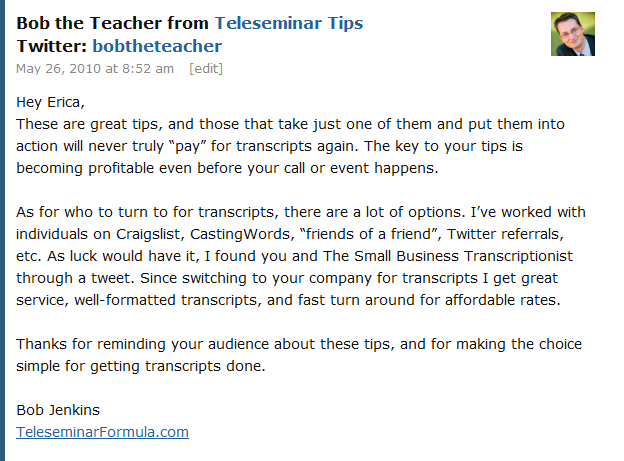 Bob Jenkins Small Business Transcriptionist Testimonial Bob The Teacher Small Business Transcriptionist Testimonial